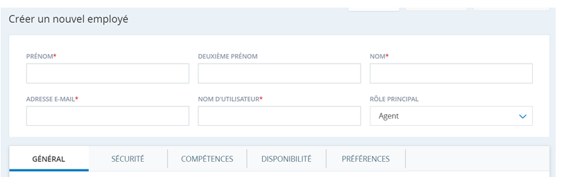 Copie d'écran de l'onglet Général de la page Modifier le profil d'employé.