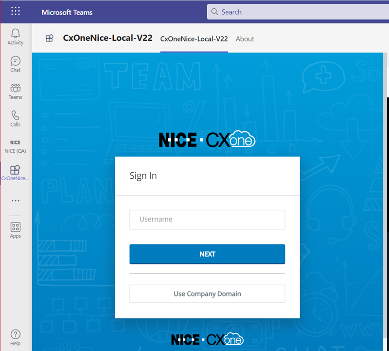Agent for Microsoft Teams s'affiche dans le menu de navigation de gauche de Microsoft Teams. Lorsque vous cliquez dessus, cela affiche la page de connexion de CXone Mpower.