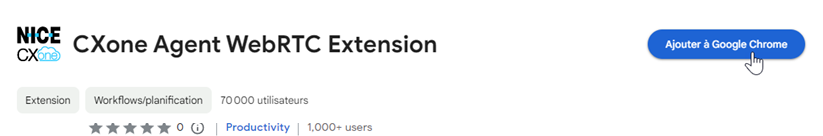Agent WebRTC Extension dans Chrome Web Store. Le curseur survole Obtenir.