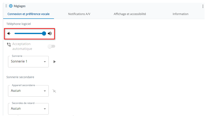 Le curseur de réglage du volume se trouve dans la section Téléphone logiciel de l’onglet Préférences de connexion et vocales dans Paramètres.