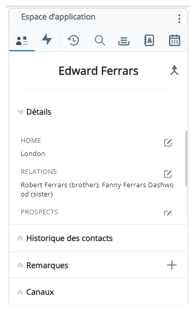 Customer Card, avec le nom du contact en haut, puis des onglets déroulants appelés Détails, Historique des contacts, Notes et Canaux.