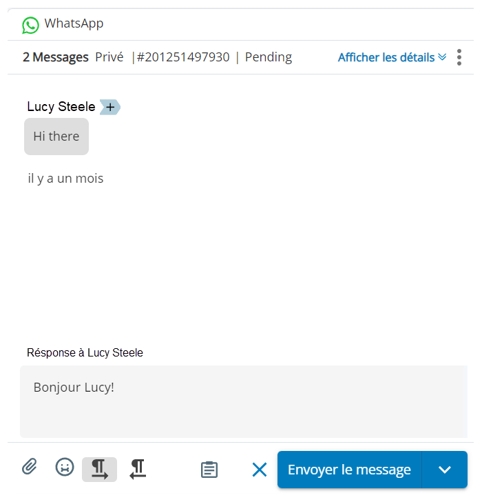 Un brouillon de message WhatsApp, avec les messages du contact, une zone de texte et un bouton Envoyer un message.