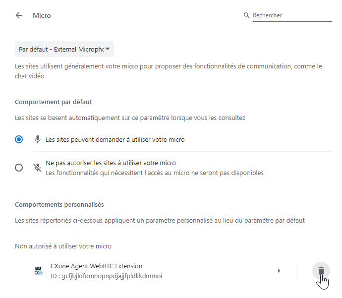 Agent WebRTC Extension figure dans la liste Non autorisé à utiliser votre microphone. Le curseur survole l’icône Supprimer (une corbeille).