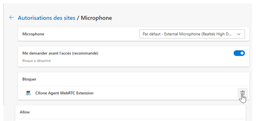Agent WebRTC Extension figure sous Bloquer. Le curseur survole l’icône Supprimer (une corbeille).
