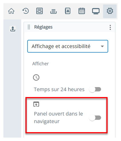 La page Affichage et clavier dans Paramètres. Le paramètre Ouverture du panneau dans le navigateur est en deuxième position à partir du haut.