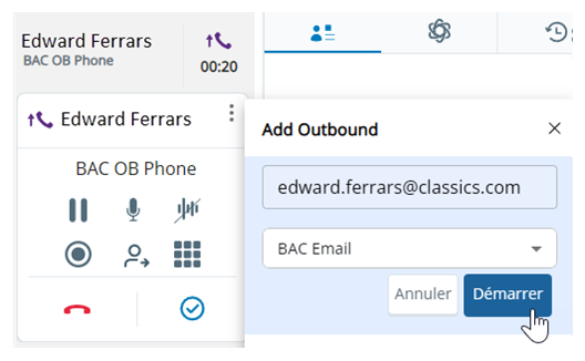 Plus > Ajouter sortant a été cliqué. Dans la fenêtre contextuelle qui apparaît, l’agent a saisi une adresse e-mail et sélectionné une compétence.