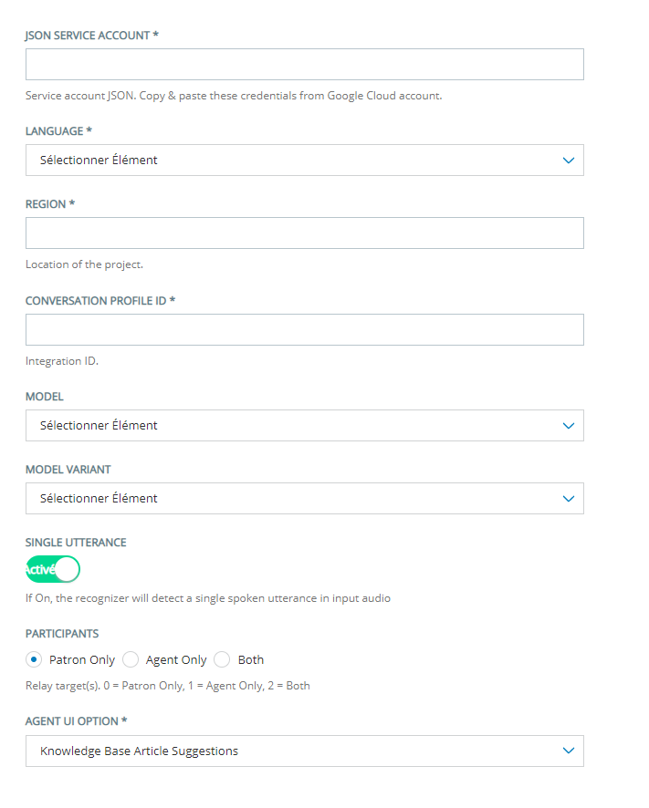 La page de configuration pour l'ajout d'un Google Contact Center AI agent aide le bot à Agent Assist Hub.