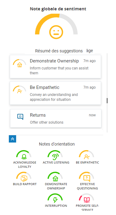 Fenêtre Real-Time Interaction Guidance telle que les agents la voient. La note globale de sentiment s'affiche en haut, le résumé des suggestions au milieu, ainsi que les notes d'orientation.