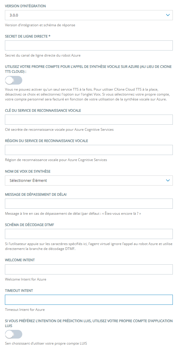 La page de configuration pour l'ajout d'un Microsoft Azure à Virtual Agent Hub