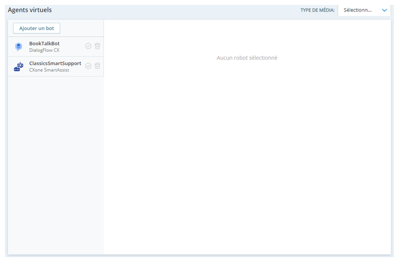 La page principale de Virtual Agent Hub. Les applications de configuration d’agents virtuels existantes figurent à gauche. Le bouton Ajouter robot se trouve dans le coin supérieur gauche.