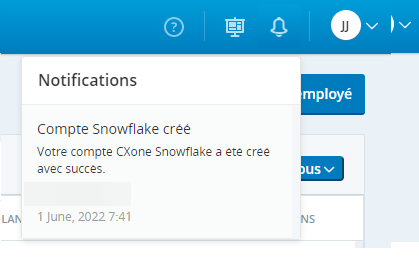 Capture d’écran d’une notification Compte Snowflake créé dans CXone.