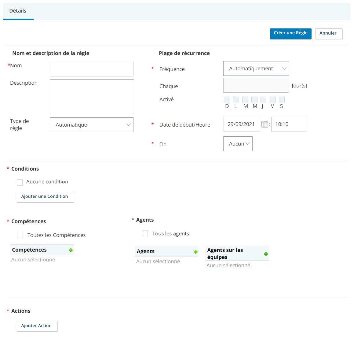 The Rule Creation page in WFI. Sections on this page include Rule name and description, Range of recurrence, Conditions, Skills, Agents, and Actions.