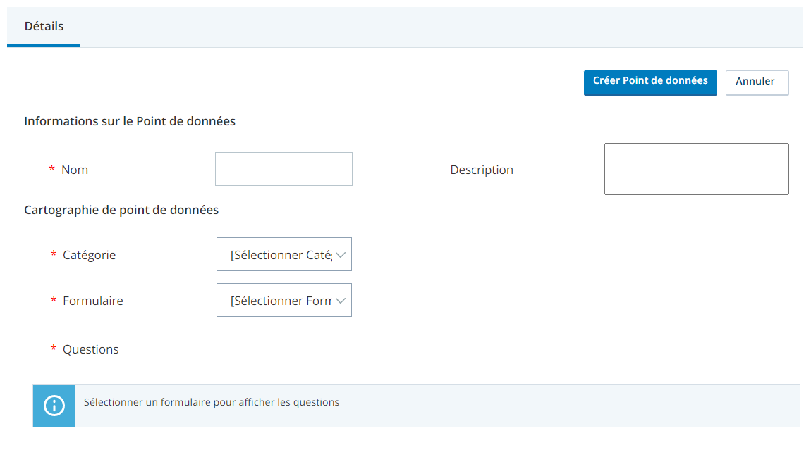 The Data Point page in WFI. Contains fields for the data point's name, description, category, form, and questions.