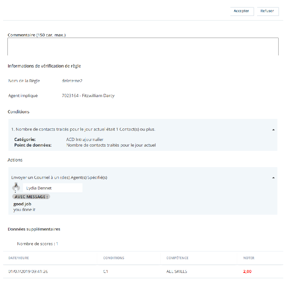 The review form for a WFI rule. Shows the rule name, conditions, and actions. Offers a space for the reviewer to type comments. Accept and Deny buttons are at the top.