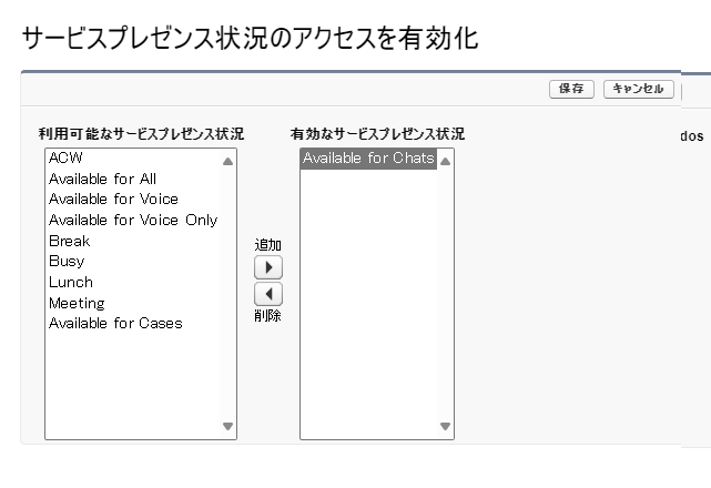サービスプレゼンスステータスアクセスの有効化フォーム。 左側の利用可能ステータス、右側の有効化されたステータス。 中央にある[追加]および[削除]のオプション。