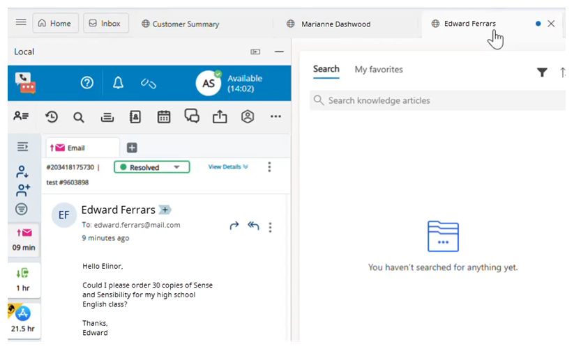 Agent Embeddedで、エドワードの電子メールが選択されています。 Microsoft Dynamicsでは、エドワードのセッションの横に青い点が表示されます。