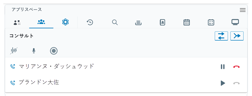 マルチパーティーのスペースがApp Spaceで開かれます。 両方のコンタクトは、マスク、ミュート、録音のオプション付きでコンサルトに表示されます。