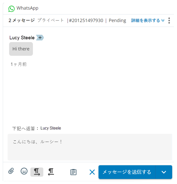 WhatsAppのメッセージの下書きには、コンタクトのメッセージ、テキストボックス、およびメッセージ送信ボタンが表示されます。