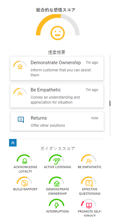 エージェントに表示されるReal-Time Interaction Guidanceウィンドウ。 総合的なセンチメントスコアが上部に、提案概要が中央に、ガイダンススコアが表示されます。