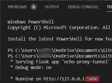Pythonでプロキシトンネルを実行したときの出力の例。 この例では、ポート番号は5000です。
