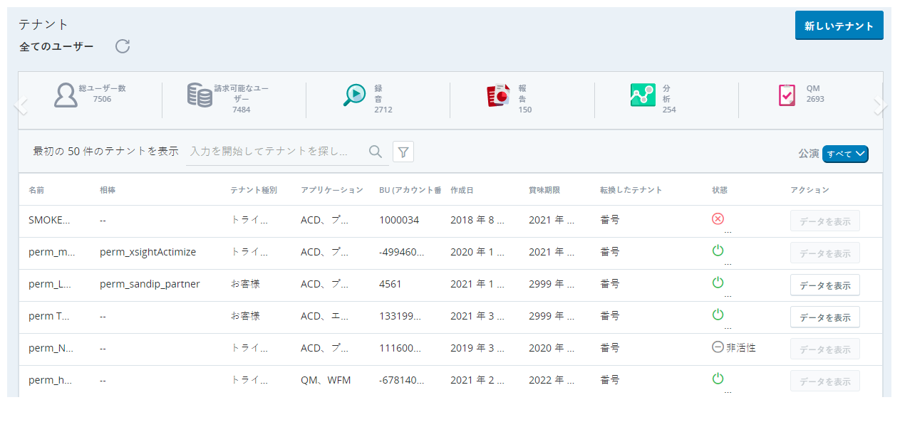 テナントの詳細テーブルのスクリーンショット。