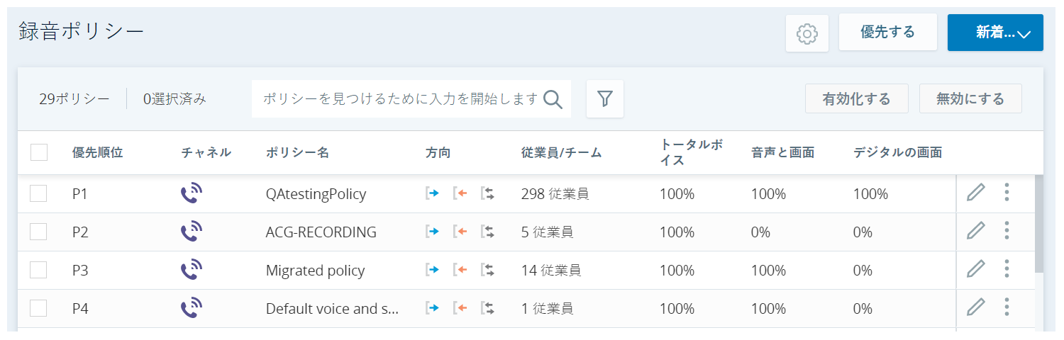 記録ポリシーの例のスクリーンショット