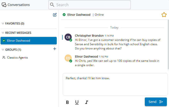 エージェントアプリケーション内のConversationsで送受信されるダイレクトメッセージ。
