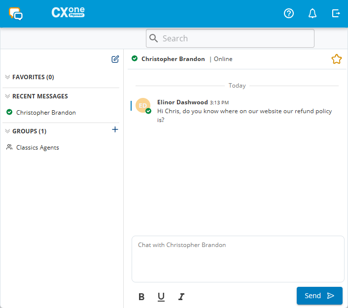 エージェント間メッセージングを表示したCXone MpowerのConversations画面。