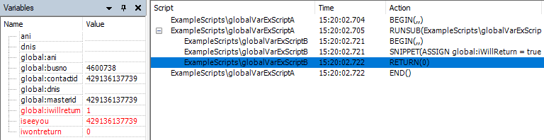 スクリプトBのRETURNアクションでのトレース。 このスクリプトには、グローバル変数iwillreturnとローカル変数iseeyouおよびiwontreturnがあります。