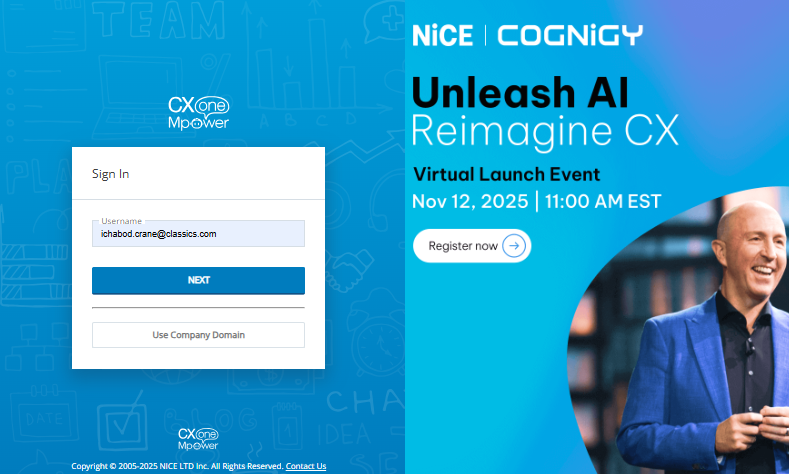 CXone Mpower 일반 로그인 페이지의 스크린샷으로, 화면 오른쪽에 마케팅 패널이 표시되어 있습니다.