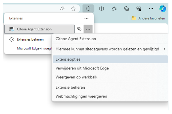 Opties, het pictogram met drie puntjes, wordt aangeklikt naast de Agent Browser Extension. Een ander pop-upvenster toont de optie Toon in werkbalk.