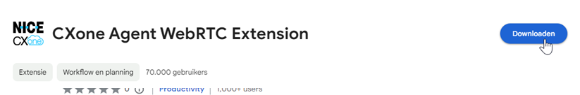 De Agent WebRTC Extension in de Chrome Web Store. De cursor beweegt over Downloaden.