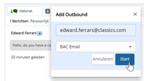 Er is op 'Uitgaand toevoegen' geklikt. In de pop-up die verschijnt, heeft de agent een e-mailadres ingevoerd en een vaardigheid geselecteerd.