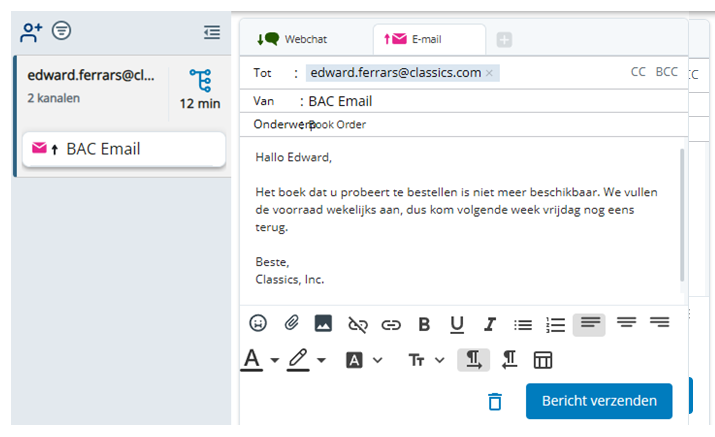 Er verschijnt een nieuw tabblad voor de uitgaande e-mail in de interactieruimte.
