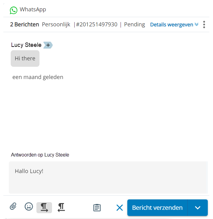 Een WhatsApp-berichtconcept met de berichten van de contactpersoon, een tekstvak en een knop Bericht verzenden.