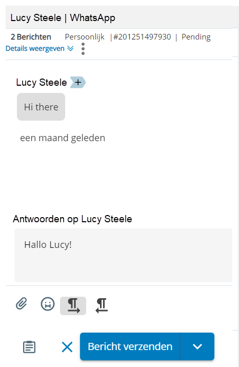 Een WhatsApp-berichtconcept met de berichten van de contactpersoon, een tekstvak en een knop Bericht verzenden.