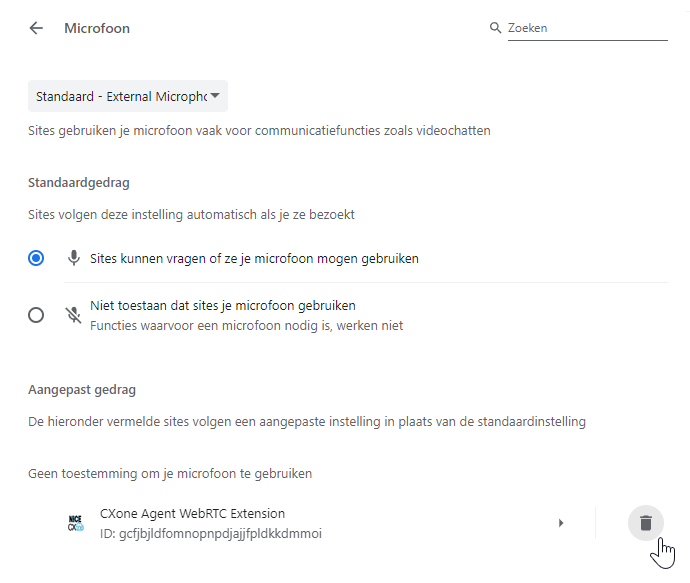 Agent WebRTC Extension staat onder Geen toestemming om je microfoon te gebruiken. De cursor beweegt over het prullenbakpictogram Verwijderen.