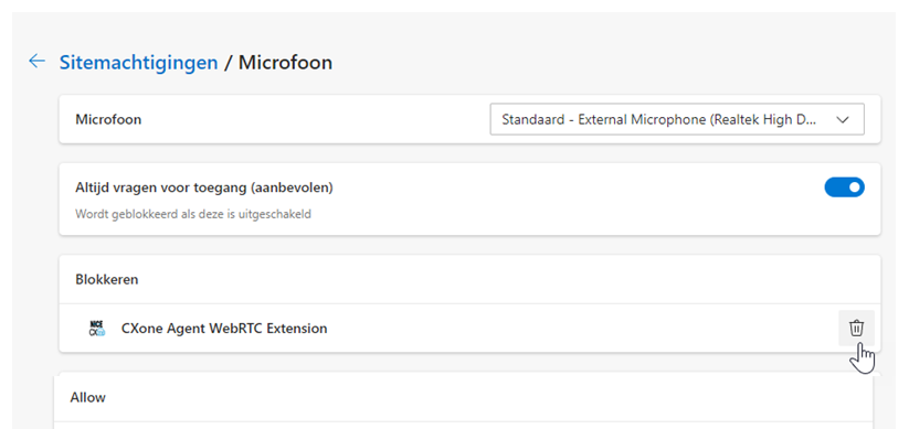 Agent WebRTC Extension staat vermeld onder Block. De cursor beweegt over het prullenbakpictogram Verwijderen.