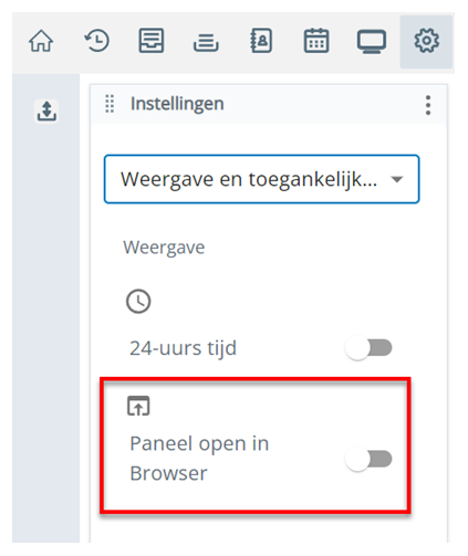 De pagina Beeldscherm en toetsenbord in Instellingen. De instelling Paneel open in Browser is de tweede van boven.