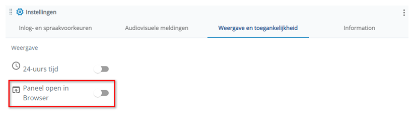 Het tabblad Beeldscherm en toetsenbord in Instellingen. De instelling Paneel open in Browser is de tweede van boven.