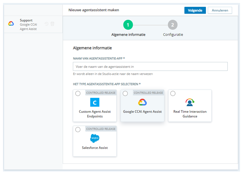 De pagina Bot toevoegen in Agent Assist Hub, met de beschikbare bots.