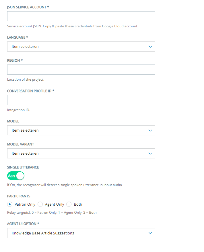 De configuratiepagina voor het toevoegen van een Google Contact Center AI agentassistentie-bot aan Agent Assist Hub.