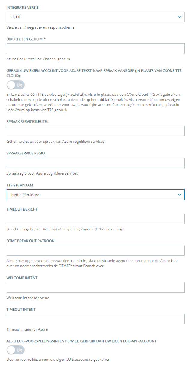 De configuratiepagina voor het toevoegen van een Microsoft Azure aan Virtual Agent Hub.