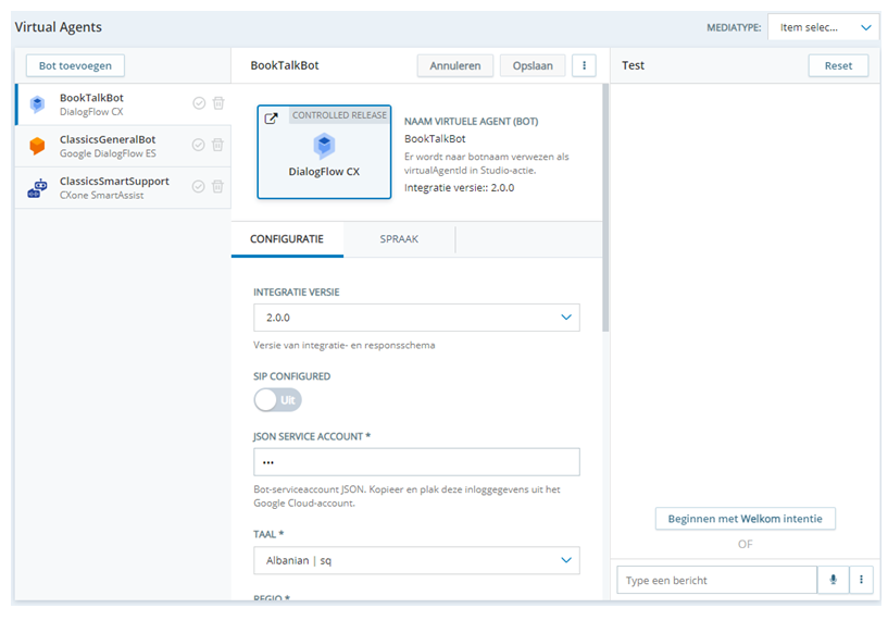 De eigenschappenpagina voor een bot in Virtual Agent Hub met het testvenster aan de rechterkant.