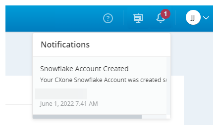 Schermafbeelding van de melding Snowflake-account is aangemaakt in CXone.