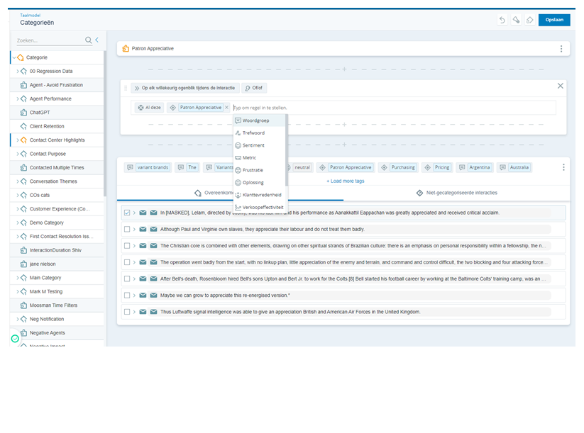 Categorieënpagina van Taalmodel. De categorie Waardering van beschermheer is geselecteerd. Geeft resultaten van overeenkomende interacties en details van categorieregels weer. Geeft de knoppen categorieboom, ongedaan maken, opnieuw samplen, opnieuw categoriseren en opslaan weer.