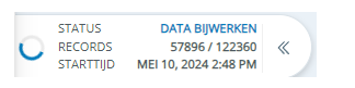 Herverwerkingsstatuspaneel. Toont het bijwerken van records en de status en starttijd van het herwerkingsproces.