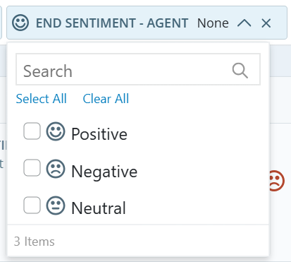 Het filter 'Sentiment eindigen' in de werkruimte toont alleen opties voor positief, negatief of neutraal sentiment.