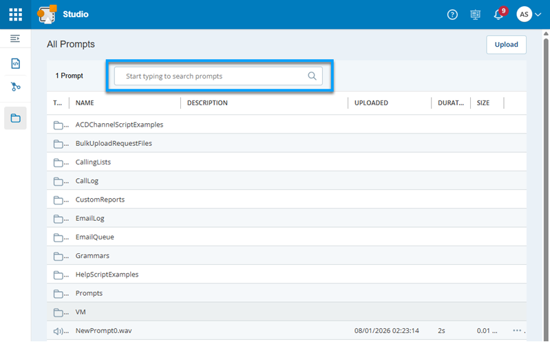 Screenshot van de pagina 'Prompts' met een zoekbalk.