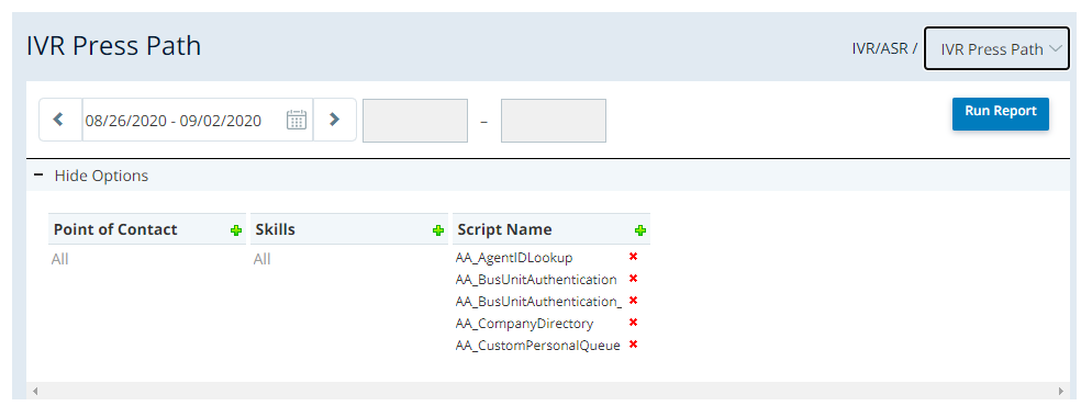 Schermafbeelding van het rapport IVR-selectiepad met een mogelijkheid om een geselecteerd datumbereik te gebruiken, opties om contactpunten, skills en scriptnamen te selecteren en een knop Rapport uitvoeren.